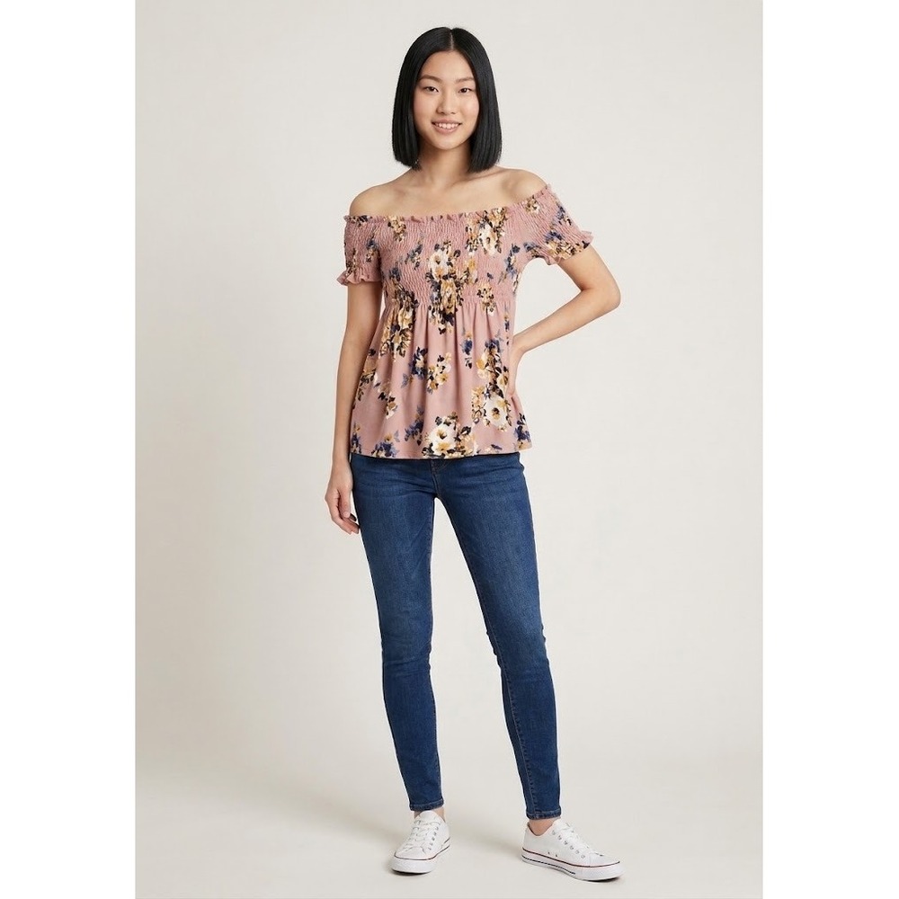 Charlotte Russe Floral Smocked Off The Shoulder Top
